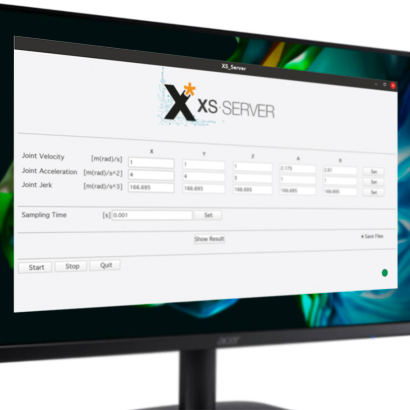 The image shows the graphical interface of the XS-Server application. It includes fields where users can set the speed, acceleration, and jerk for individual joints. Additionally, it allows specifying the machine's sampling time to provide references at the desired frequency. The XStar Motion logo is displayed at the top of the window.